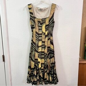 Sleeveless Yellow and Black Patterned Midi Dress
